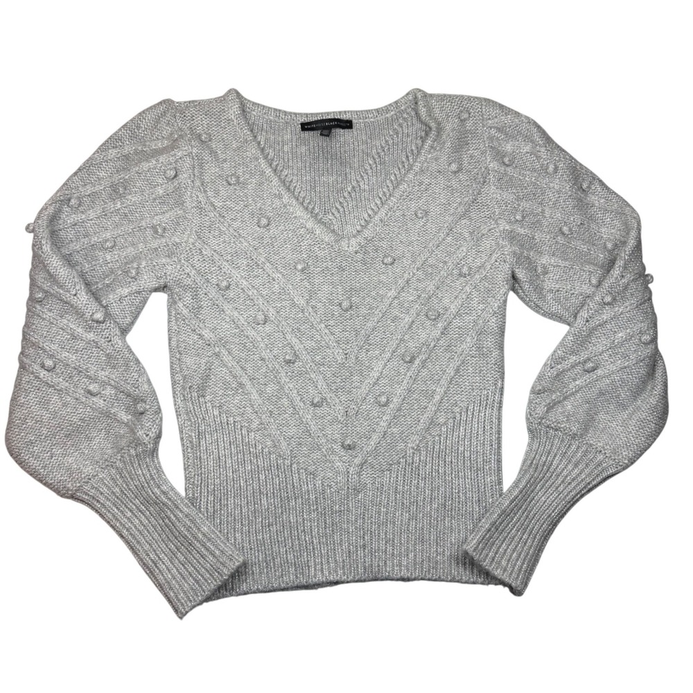 White House Black Market Gray Textured V-Neck Sweater Women Medium 3D Wool Blend